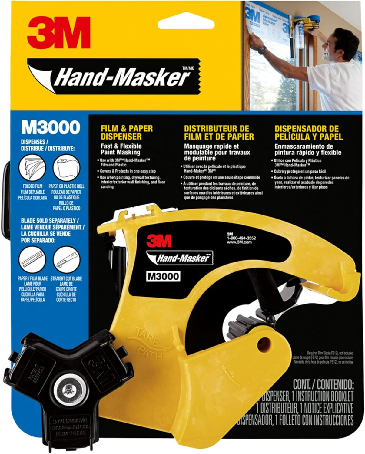 3M Hand Masker M3000 Tape Dispenser, Film & Tape, Applies Painter'S Tape to Masking Film or Paper in One Continuous Application, Compact & Lightweight Design, Saves Time When Preparing for Painting