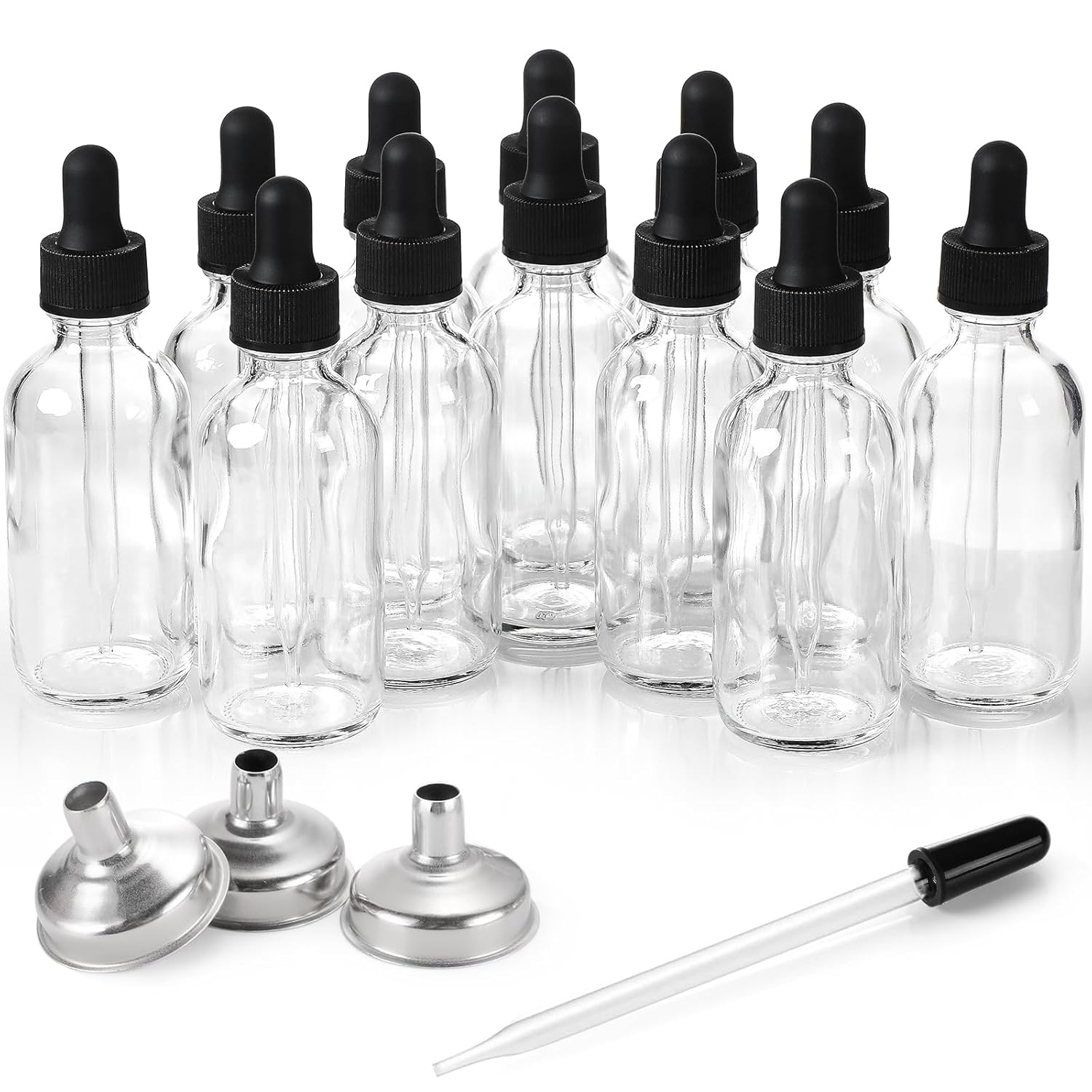 12 Pack, 2 Oz Glass Eye Dropper Bottles W/ 3 Stainless Steel Funnels & 1 Long Pipette Dropper & 24 Labels - 60Ml Clear Tincture Bottles for Essential Oils, Liquids - Leakproof Travel Essential Bottles