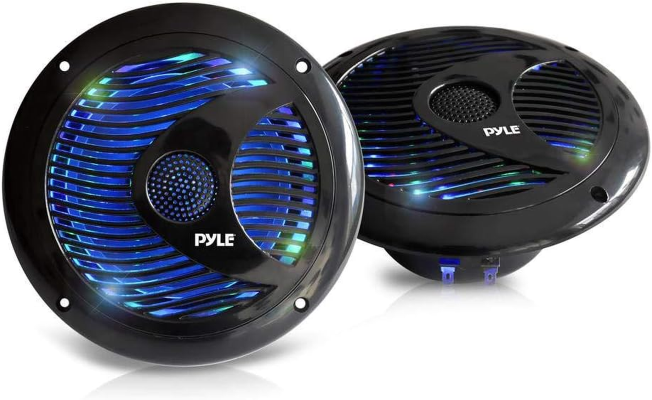 6.5” Dual Marine Speakers - IP44 Waterproof and Weather Resistant Outdoor Audio Stereo Sound System with Built-In Led Lights, 150 Watt Power and Polyprone Cone - 1 Pair - PLMR6LEB (Black)