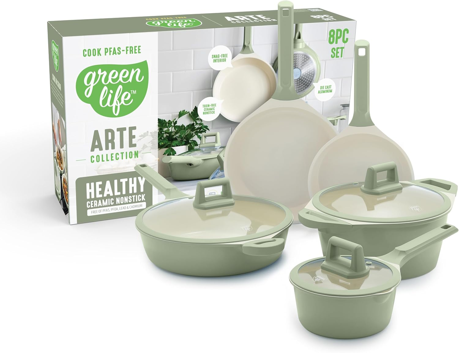 8 Piece Ceramic Nonstick Cookware Set, Induction Suitable Non Toxic Pfas-Free Pots & Pans, Dishwasher Safe, Cooking Set, Stock Pot, Saucepans & Frying Pans, Kitchen Cooking, Sage Green