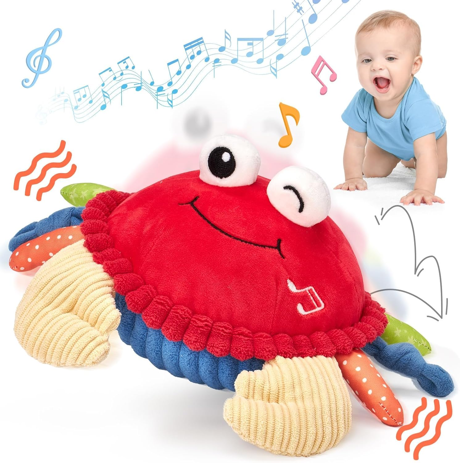 Baby Toys 6-12 Months, Musical Bouncing Crab Plush Toy with 48 Songs & Recording Function, Dancing Moving Jumping Baby Toy for Tummy Time, USB Rechargeable Crab Toy for Babies 6+ Months