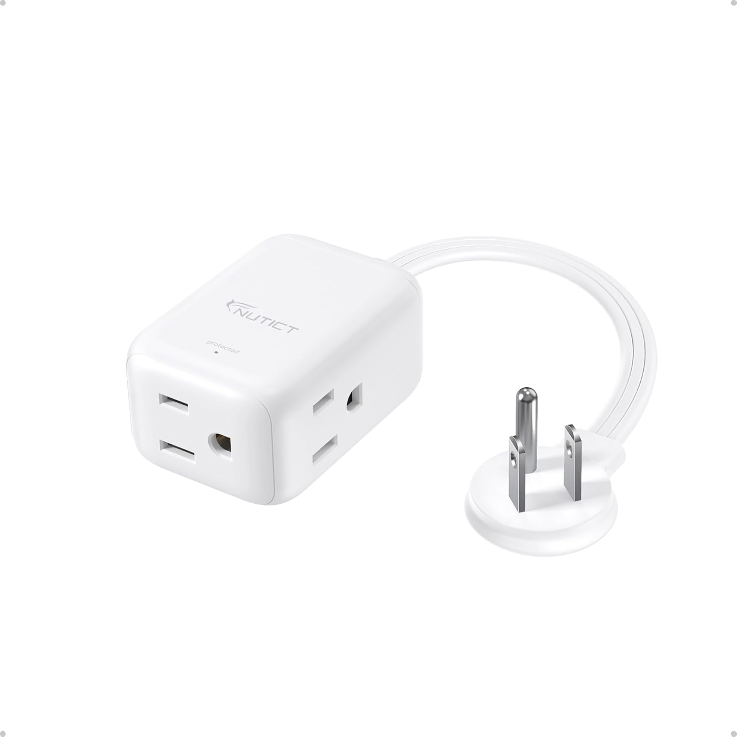 Flat Extension Cord with 3 Outlets, 1.5Ft Short Extension Cord, 900J Surge Protector, ETL Listed, 13A/1625W, Right Angle Flat Flexible Wall Plug, Ideal for Kitchen Bathroom Tight Spaces, White