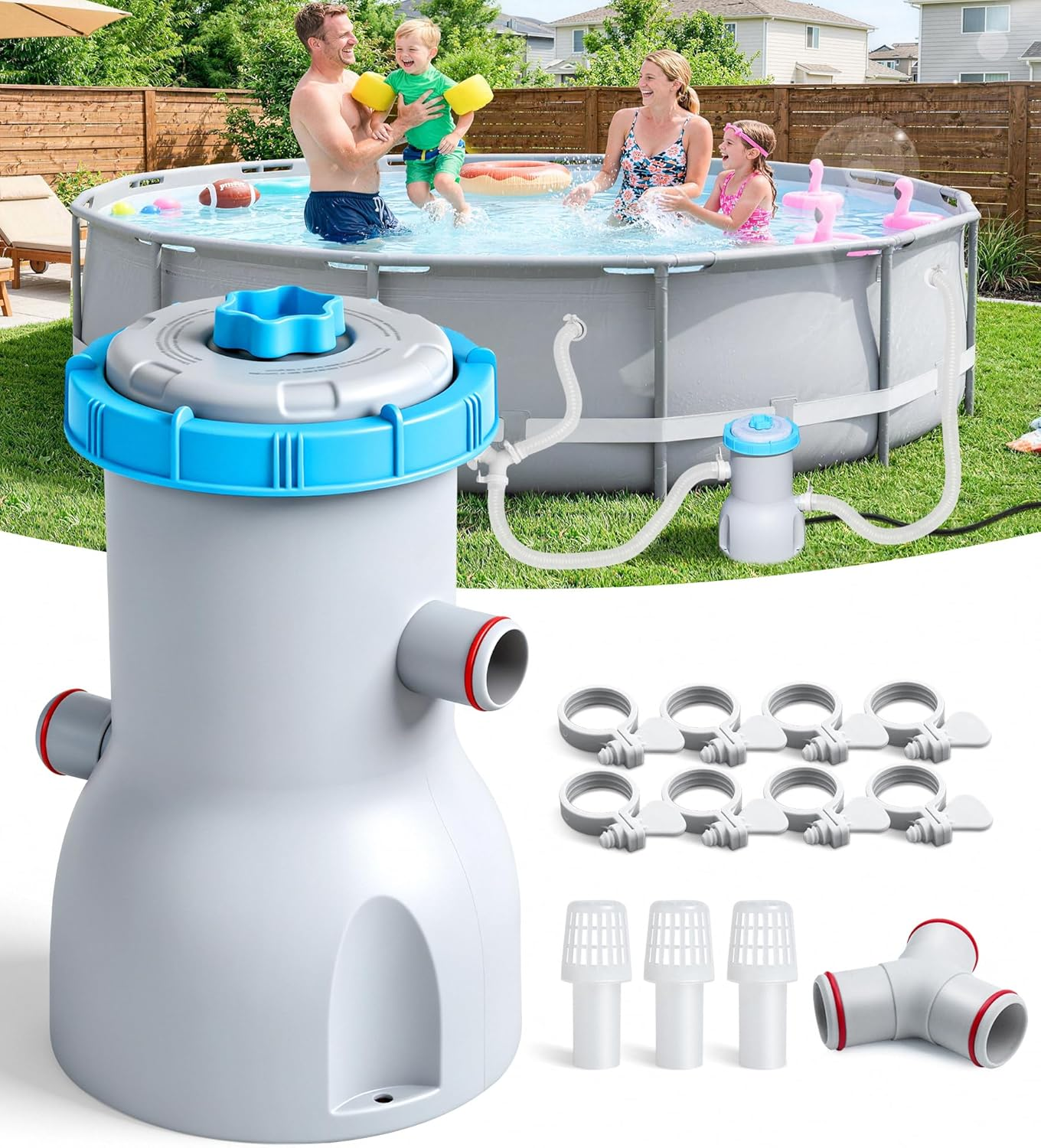 800 GPH above Ground Pool Filter Pump, Energy-Saving Pool Cartridge Filter Pump | Dual Action: Accelerate Water Flow & Capture Debris Quickly - Improve Water Clarity | Easy to Setup & Maintain