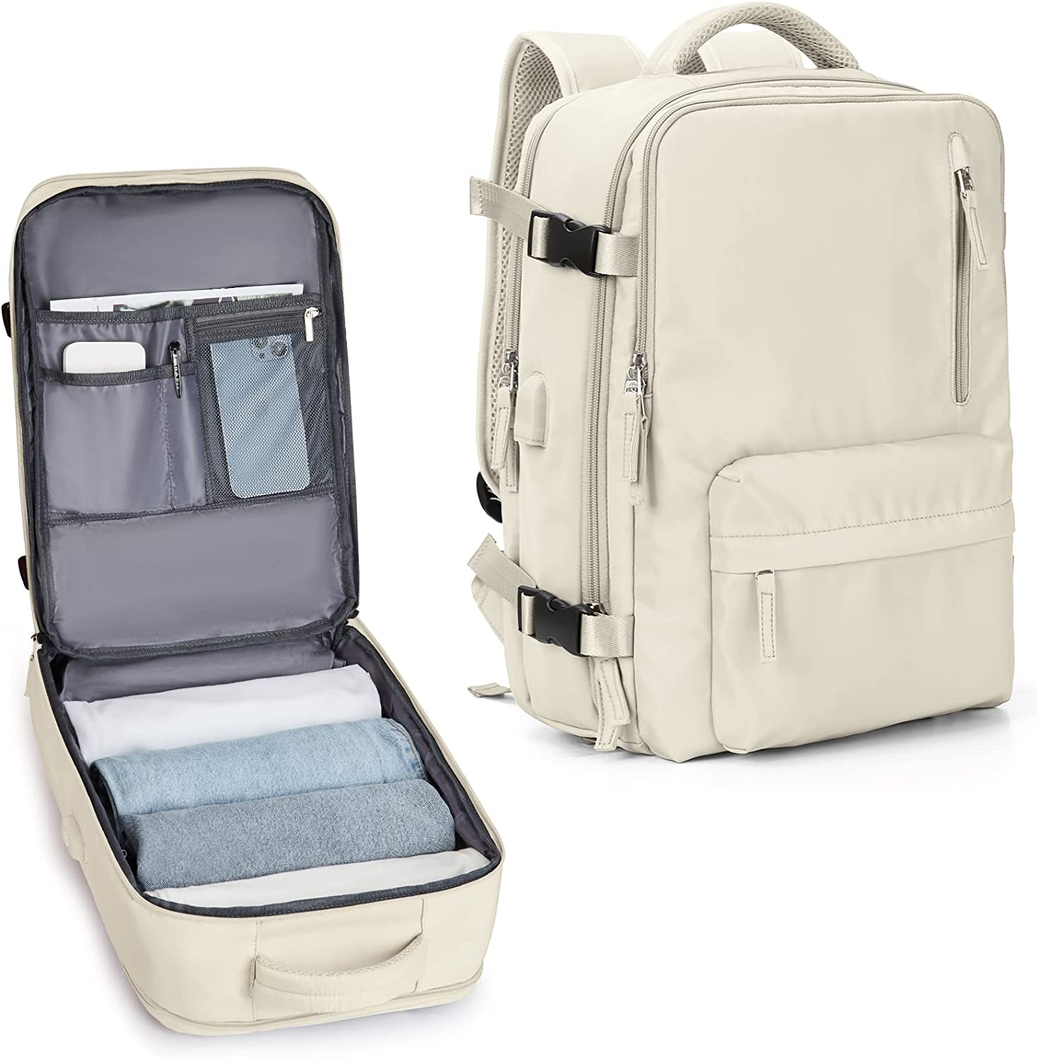 Carry on Backpack for Women, Airline Approved Large Travel Backpack Flight Approved, Waterproof 14 Inch Laptop Backpack Business Work Backpacks Bag Men Beige Mochila De Viaje
