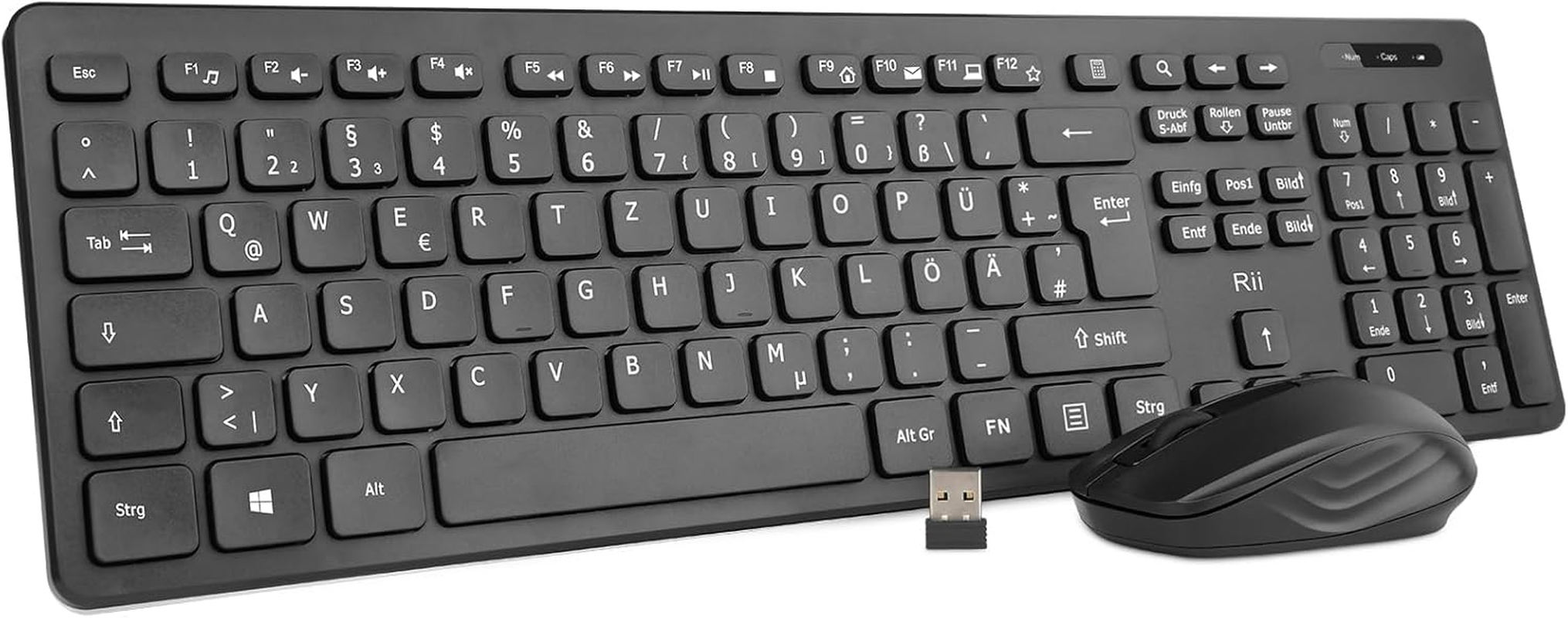 Rii Tastatur Maus Set Kabellos, Funktastatur Mit Maus, Wireless Keyboard and Mouse, Für Pc/Laptop/Windows/Smart TV, Deutsches Layout - Schwarz