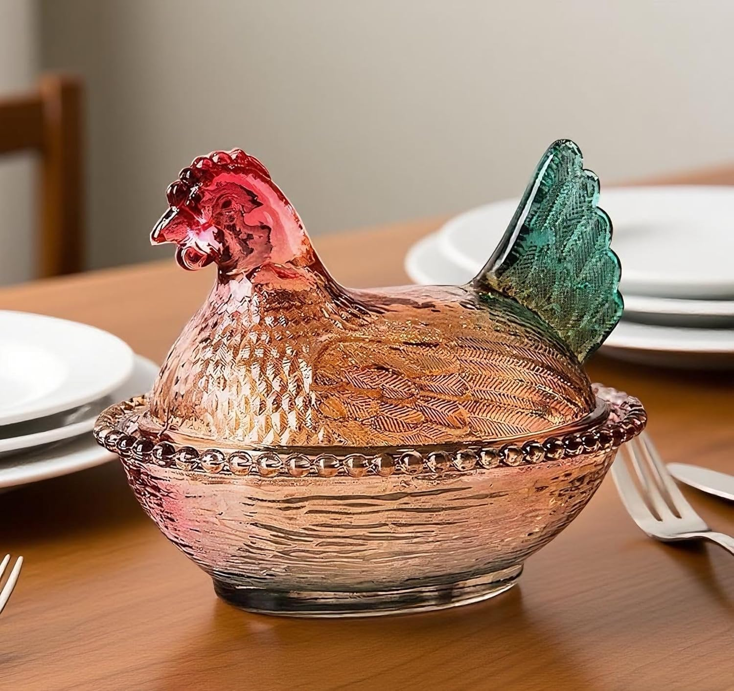 Glass Hen on Nest Candy Dish with Lid | Large Pedestal Unique Candy Bowl for Snacks, Desserts, Cookies | Home Kitchen Office Tabletop Decor