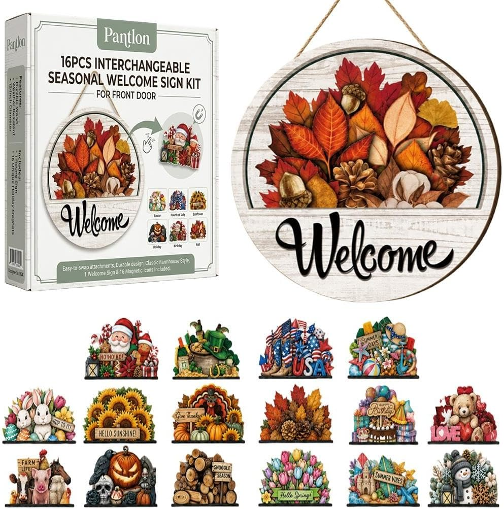 16PCS Interchangeable Welcome Sign for Front Door Every Season Decorations