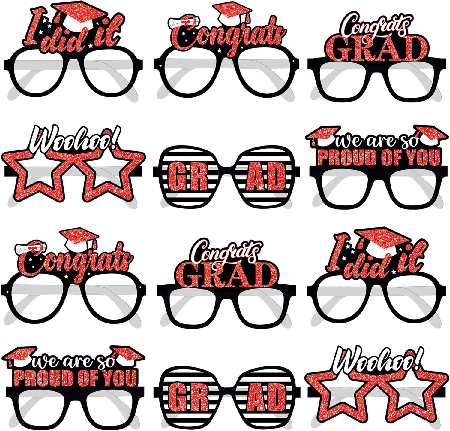 , Red 2026 Glasses Graduation - Glitter, Pack of 12 | Grad Photo Booth Props 2026 for 2026 Graduation Decorations | Grad Eyeglasses, Red Grad Party Decorations 2026