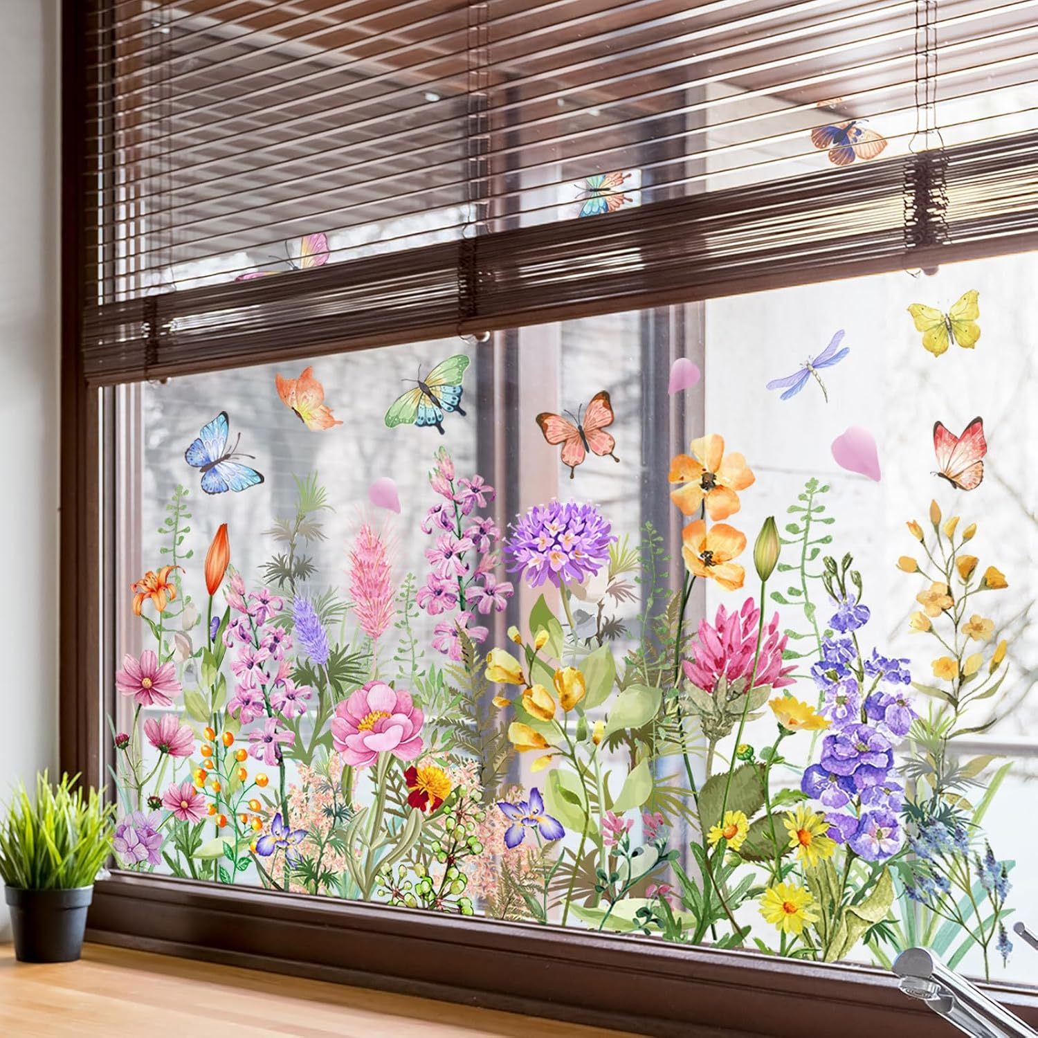 Colorful Floral Bouquet Window Sticker, Flower Window Clings, Reusable, Removable, Double-Sided, for Home Office Decor (C)
