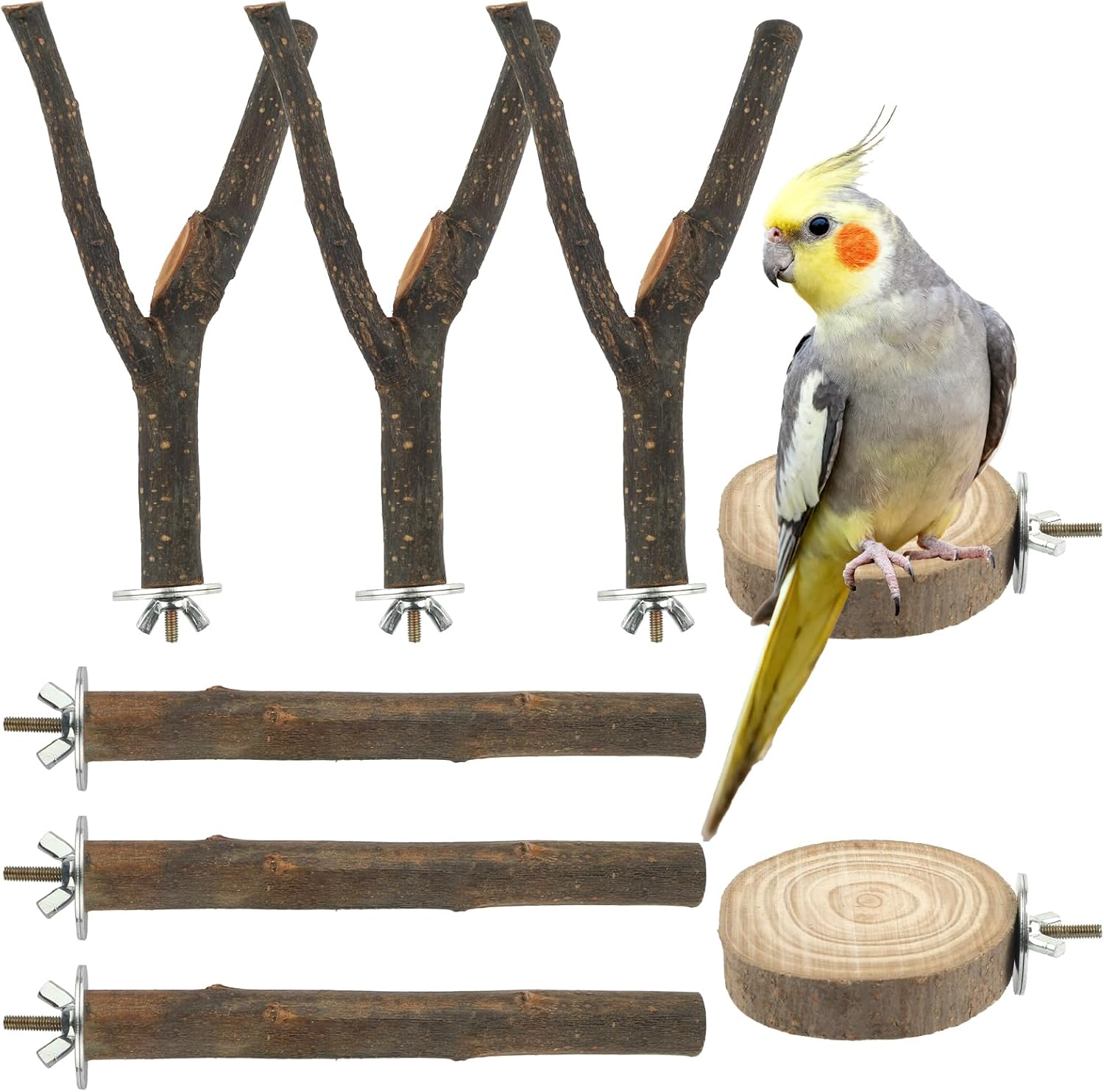 8 PCS Bird Perches for Cage, Natural Wood Parrot Perch Stand, Multi-Branch Platform with Fork Toys, Birds Cage Accessories for Parakeet Cockatiel Budgie Conures Lovebirds