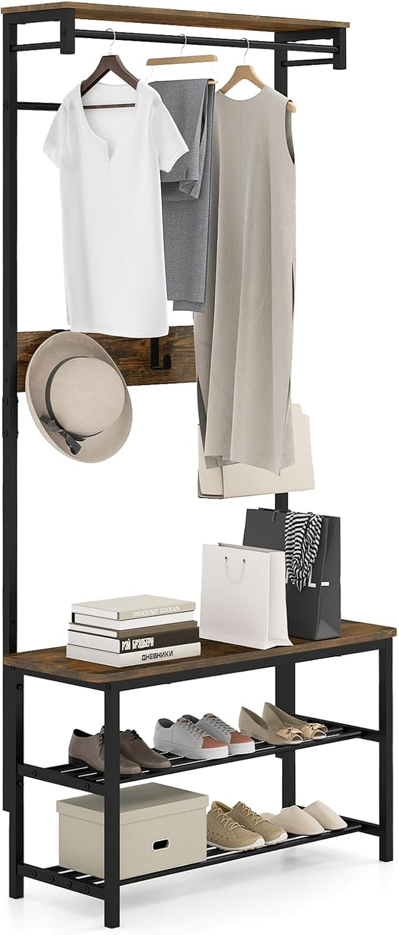 Coat Rack with Shoe Storage Bench, Freestanding Hall Tree Coat Stand with Storage Shelf, Hanging Bars & 6 Removable Hooks, Industrial Clothes Rack Hanger Unit for Hallway Entryway Bedroom