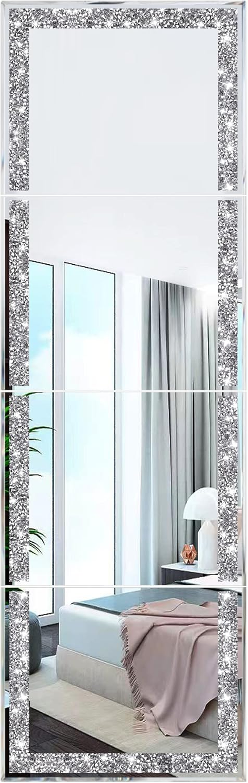 Full Length Mirror Tiles,Crystal Crush Diamond Full Body Wall Mirror,14''X11'' 4PCS Glass Frameless Make up Mirror for Home Decor,Room Decor,Wall Decor.