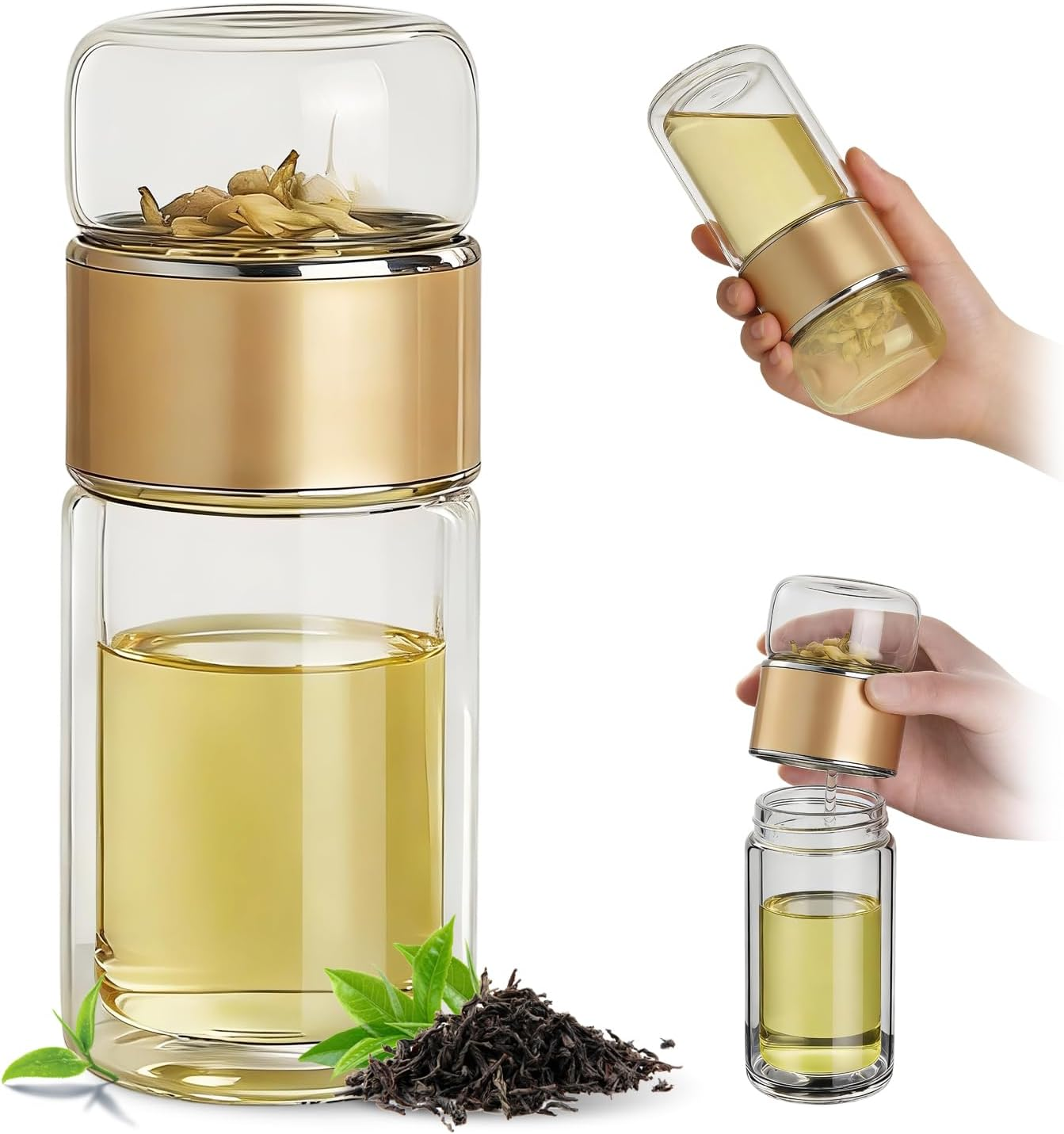Nnouonn 3-In-1 Smart Tea Infuser Bottle, Portable Double Glass with Integrated Strainer Teas Separation Cups, Flip and Brew Tea, for Loose Leaf Teas and Infused (Gold, 350, Millilitres)