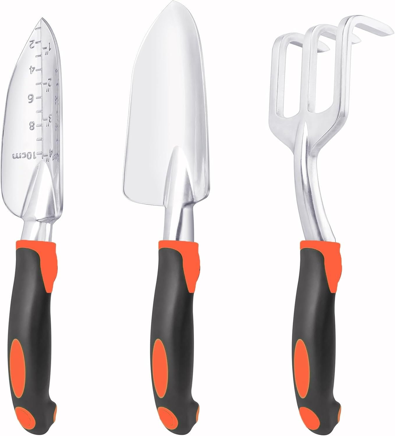 Garden Tools Set, 3 Pack Heavy Duty Gardening Tools Set Include Garden Shovel, Transplant Trowel and Hand Rake with Ergonomic Non-Slip Handle, Aluminum Alloy Lawn for Planting, Orange
