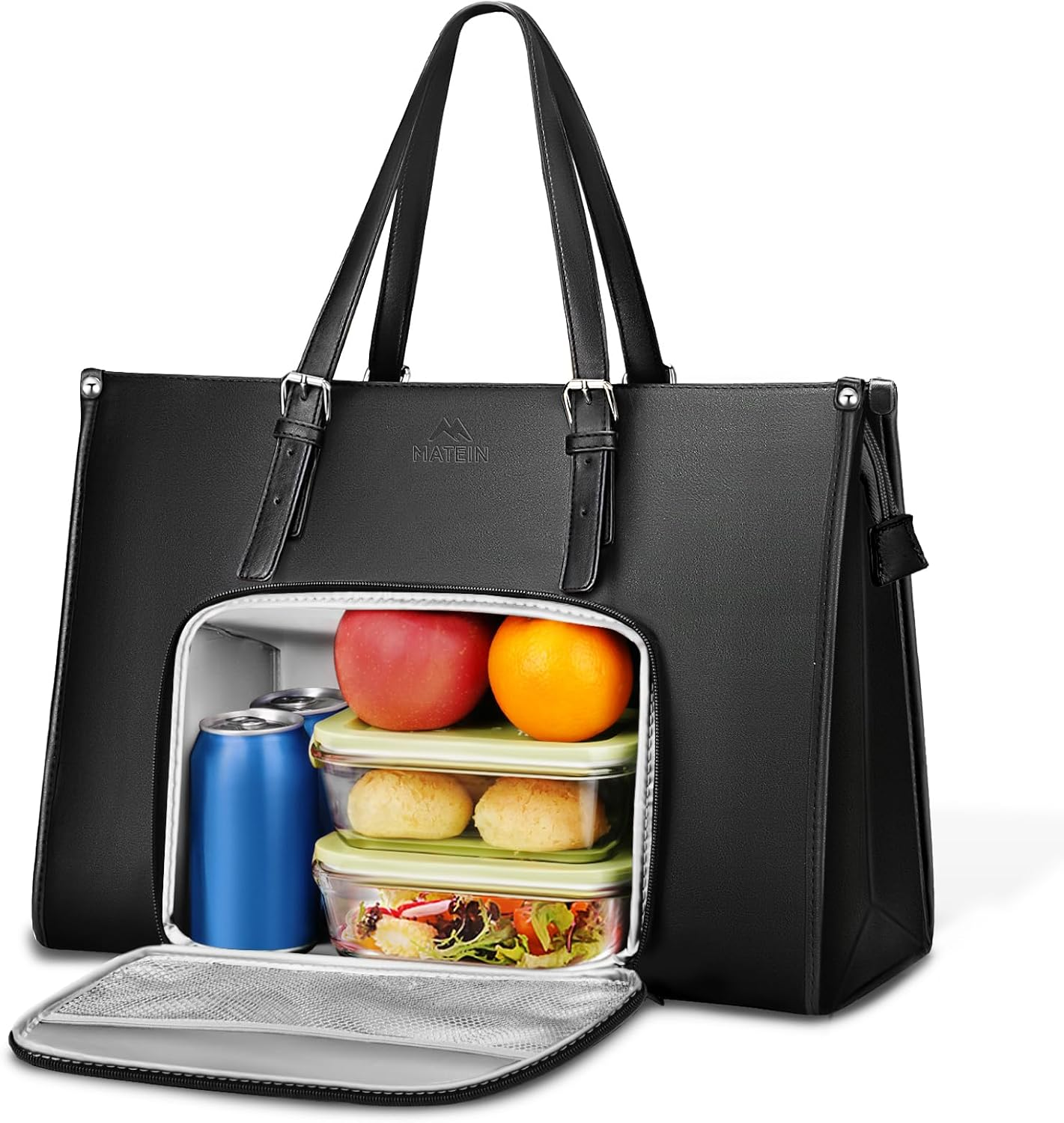 Insulated Lunch Bag for Women, 15.6 Inch PU Leather Laptop Tote Bag with Leakproof Lunch Box Pocket for Women, Convertible Lightweight Computer Work Bag, Black