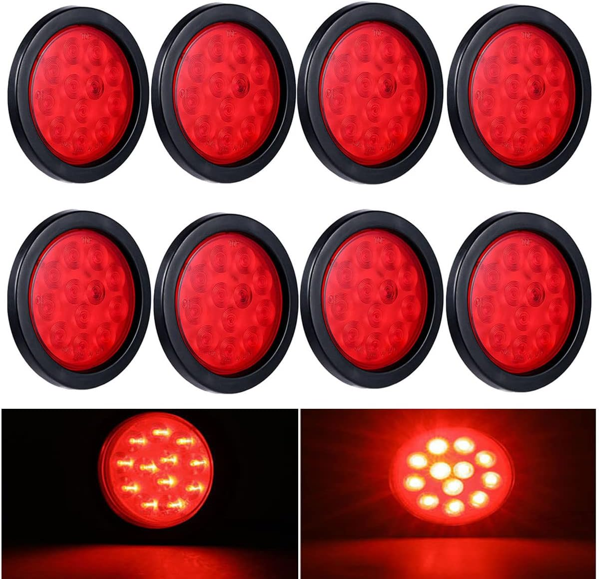 4Inch round Red LED Trailer Tail Lights (Pack of 8) Grommet Plug Included Stop Turn Signal Lights for Truck Trailer RV Boat Bus Waterproof
