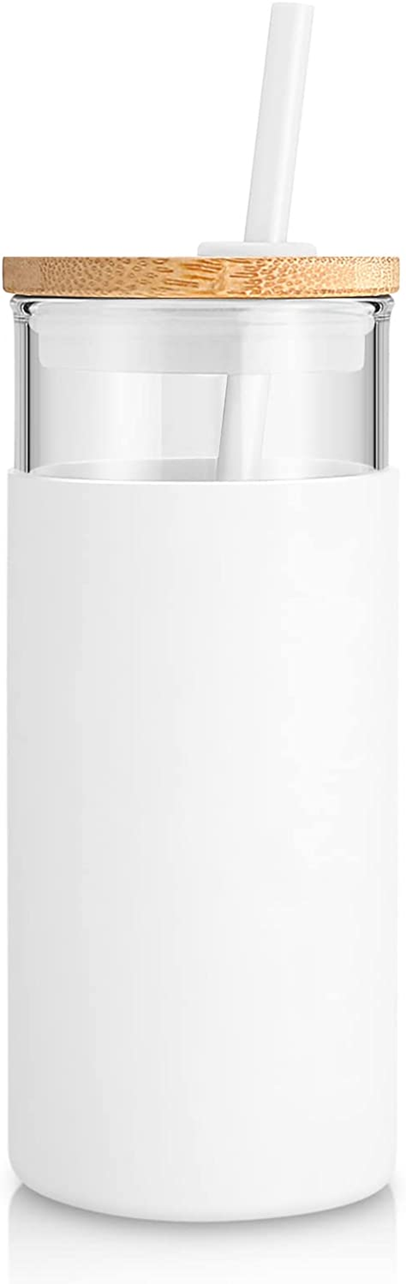 Tronco 20 Oz Glass Tumbler with Lid and Straw, Reusable Iced Coffee Cup with Silicone Sleeve & Bamboo Lid, Smoothie Cup for Home, Office, for Father Men Day Gift from Wife Daughter Son (White)