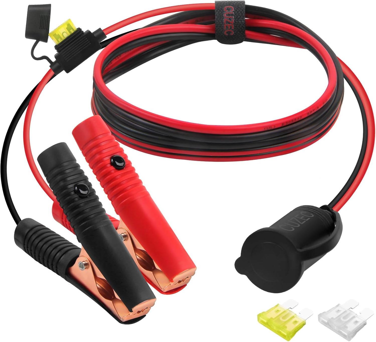 12V/ 24V Extension Cord Plug Socket with Battery Clamp 4FT / 1.2M 14 AWG Battery Clip-On and Cigarette Lighter Adapter