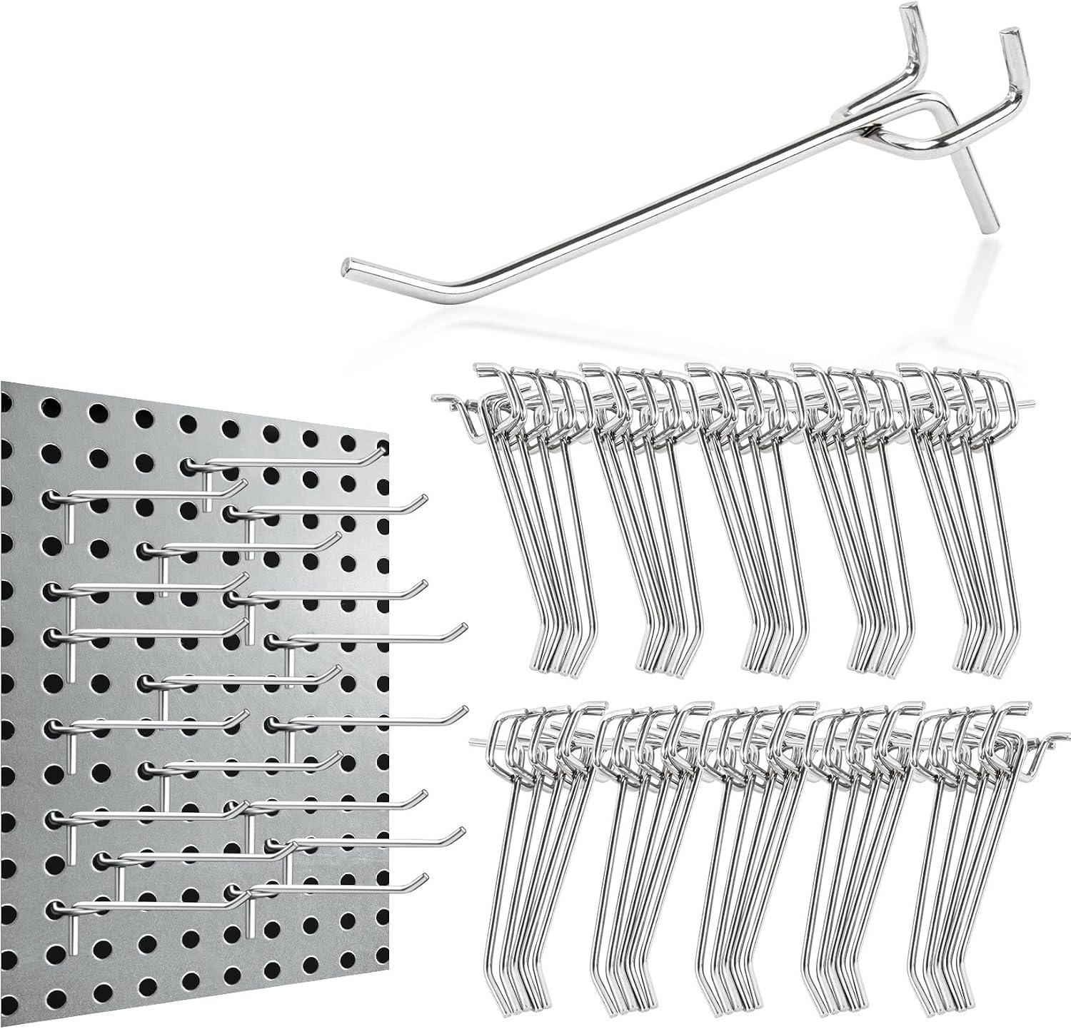 50Pcs Pegboard Hooks for 1/8'' Boards - Metal Peg Boards Hooks Heavy Duty Peg Board Display Slat Wall Panel Hooks Garage Organization Hanging Storage Suncast Shed Pegboard Organizer 4inch