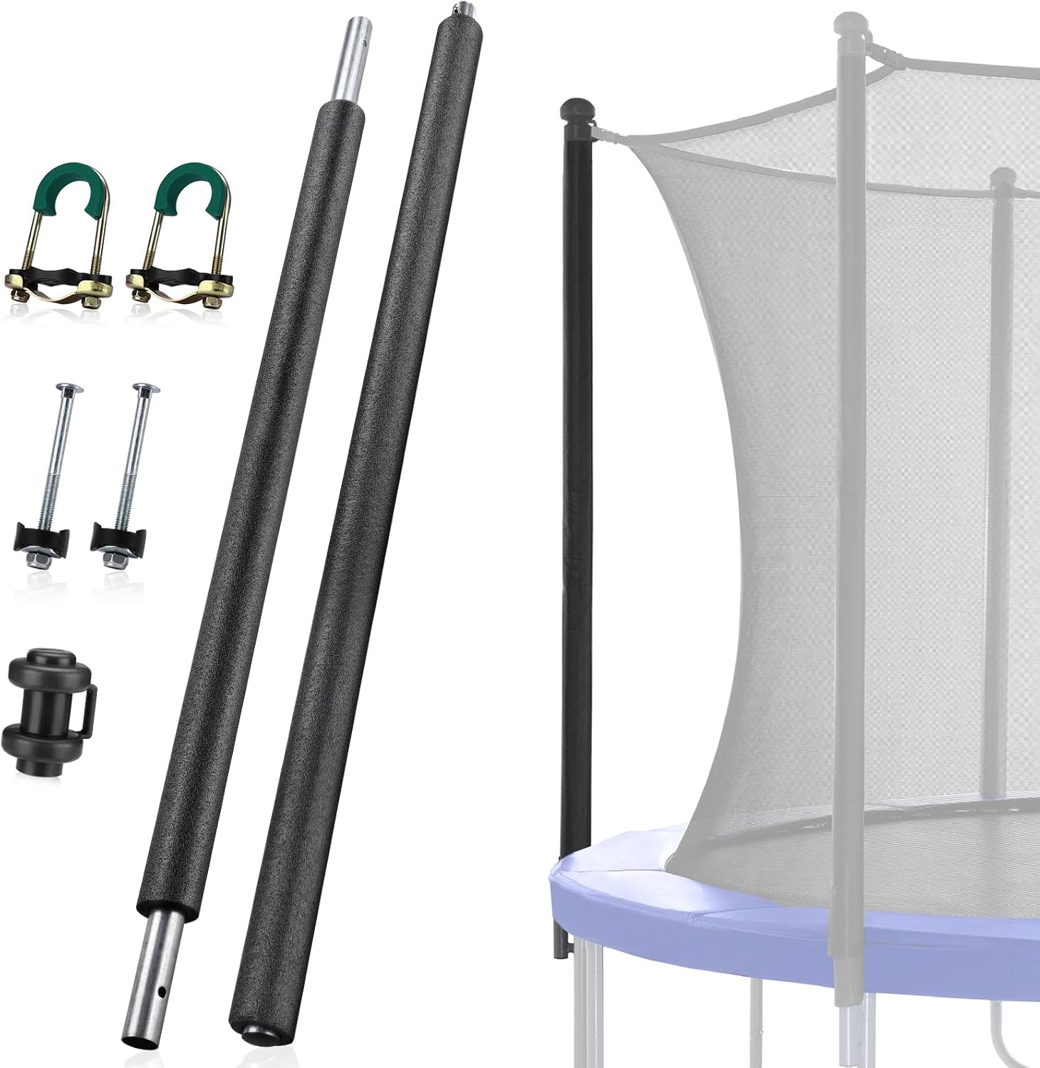 2PCS Trampoline Poles Replacement, 1Mm Thick, Fits 1.65'' / 4.2CM Inner Diameter for 10-16FT Jumpzylla Trampolines, Complete Kit with Protective Foam Sleeves & Mounting Hardware