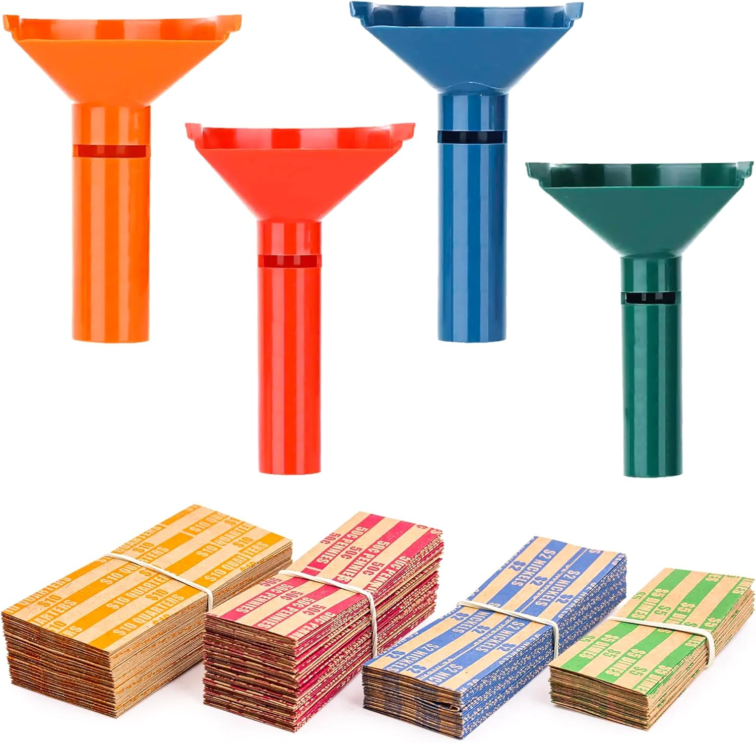 150 Coin Wrapper with Coin Sorter Tubes - Funnel Shaped Color-Coded Coin Counter