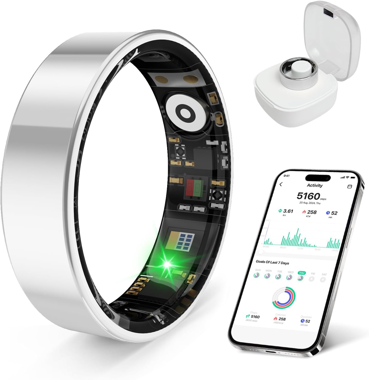 Smart Health Ring, Featuring Stress and Sleep Monitoring Functions, Compatible with Ios and Android,Waterproof Fitness Tracker for Women & Men, No Subscription Fee. (Silver, 9)