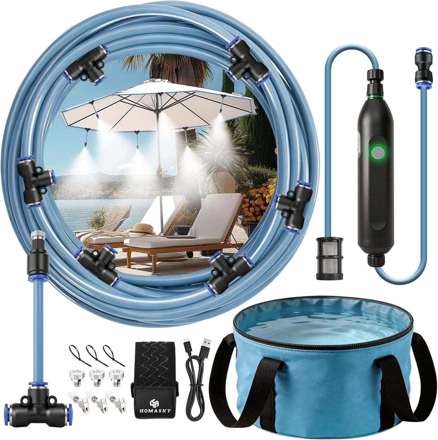 Portable Misting System for Outdoor Cooling, 23 FT Misters for outside Patio with Rechargeable Pump, 30L Water Bag, 6 Adjustable Nozzles for Tent, Canopy, Backyard, Umbrella and Camping