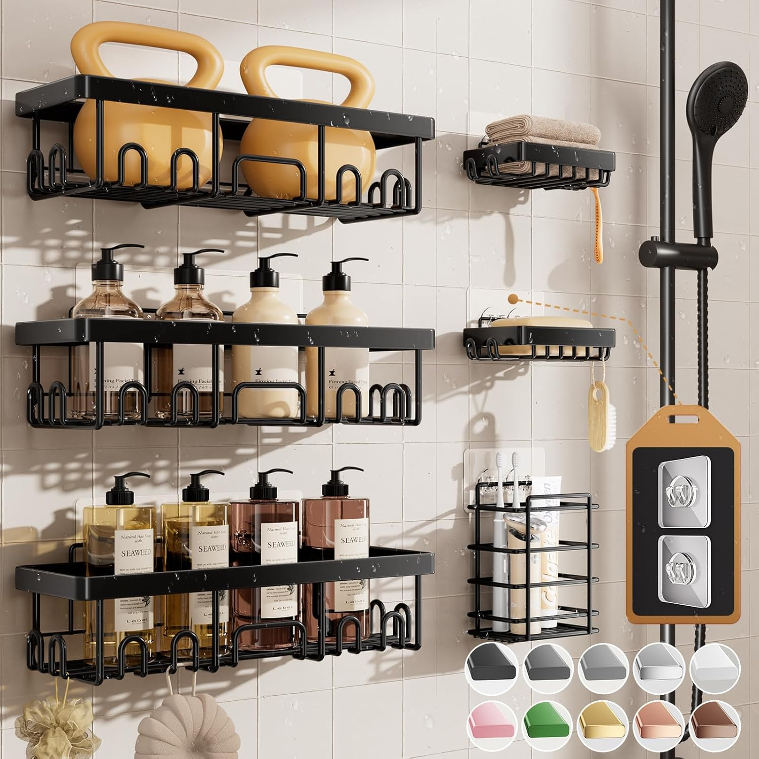 Shower Caddy 6-Pack,Advanced Rustproof Design, No Drilling Adhesive Shelves, Rack with Soap Holder, Large Capacity Bathroom Organizers and Storage, Wall-Mounted Kitchen & Home Decor