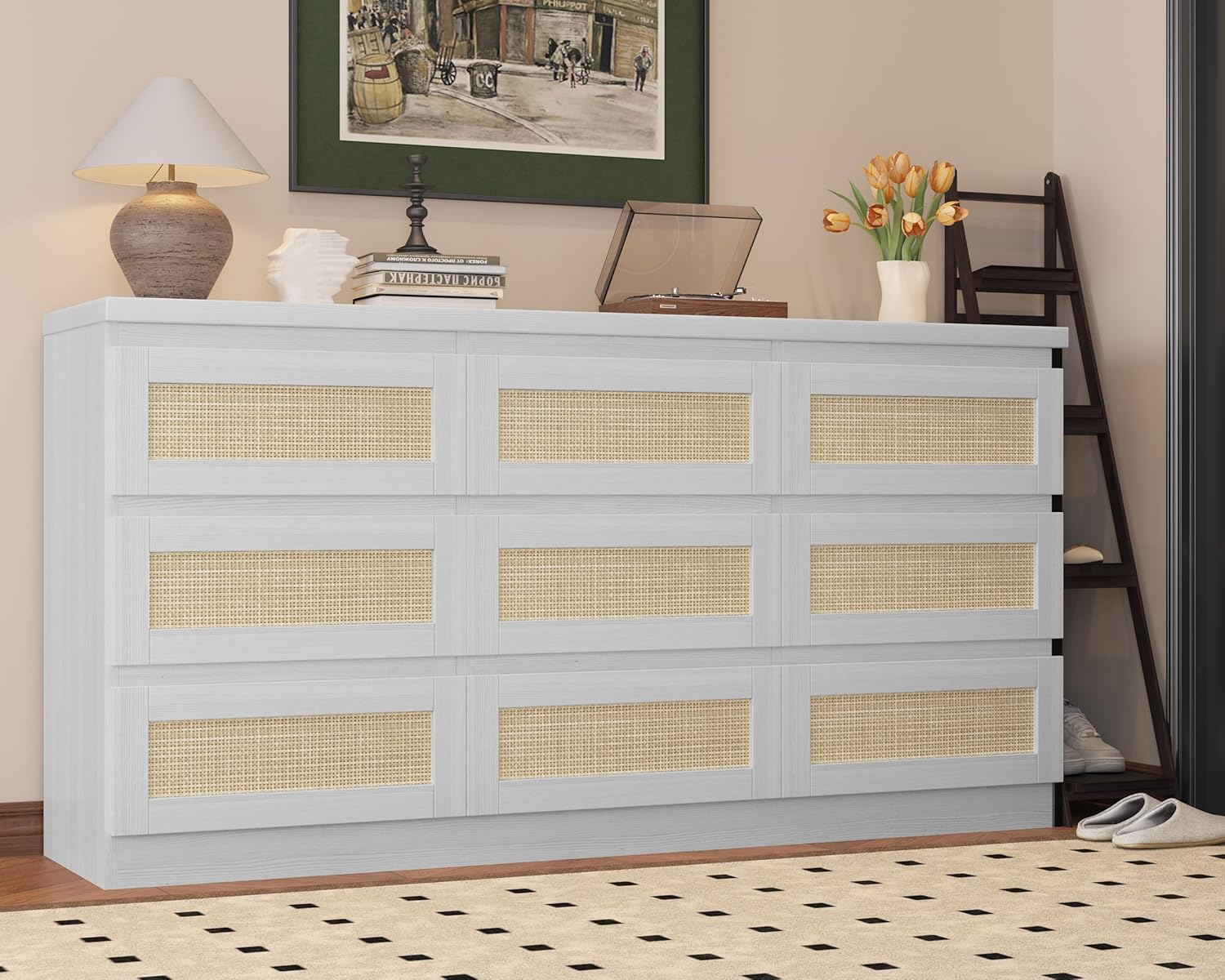 Rattan 9 Drawer Dresser with Charging Station, Farmhouse Chest of Drawers, Wide Closet Dresser Storage Organizer for Bedroom, Living Room, Entryway, White