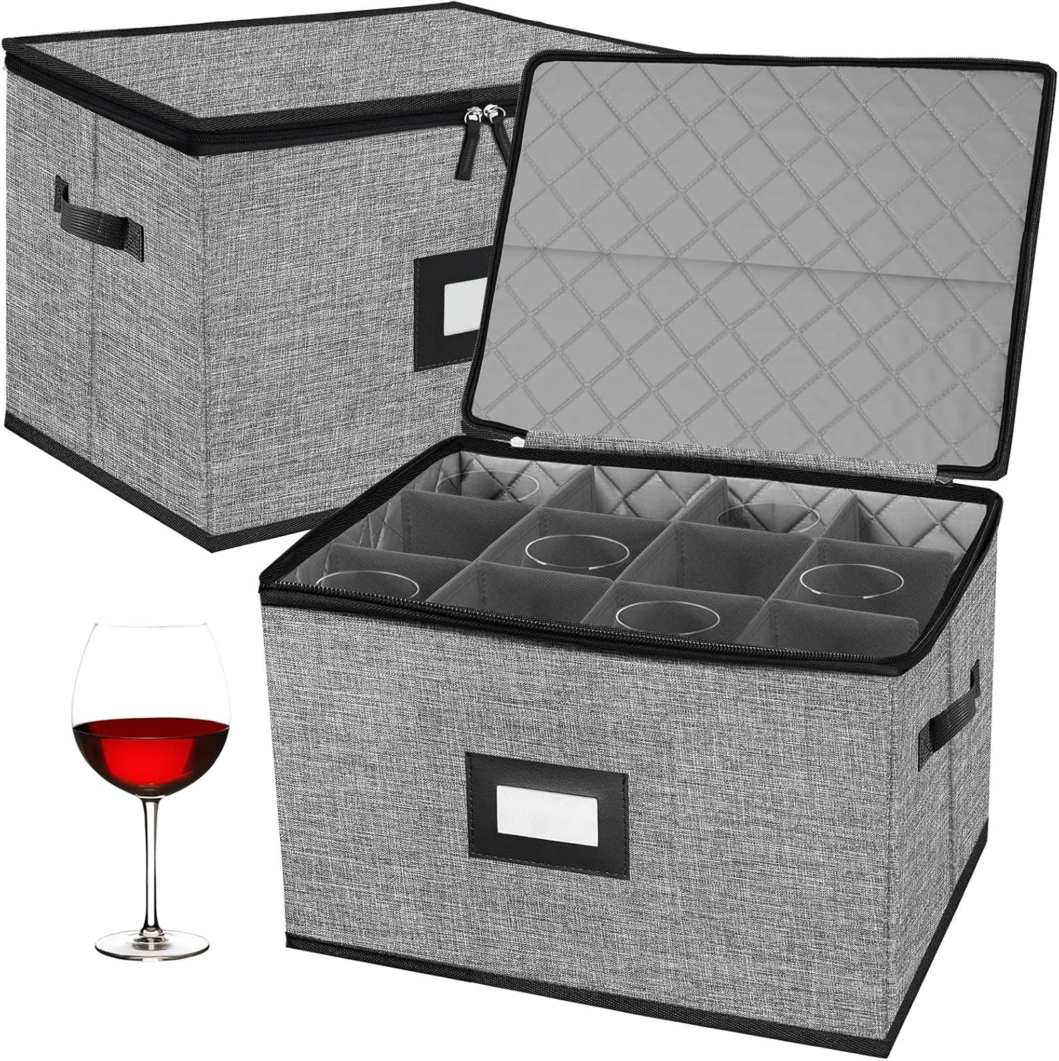 2PACK Quilted Wine Glass Storage Box,China Storage Containers Hard Shell,Moving Boxes,Storage Containers for Organizing,Stackable Stemware Storage Cases,Moving Supplies