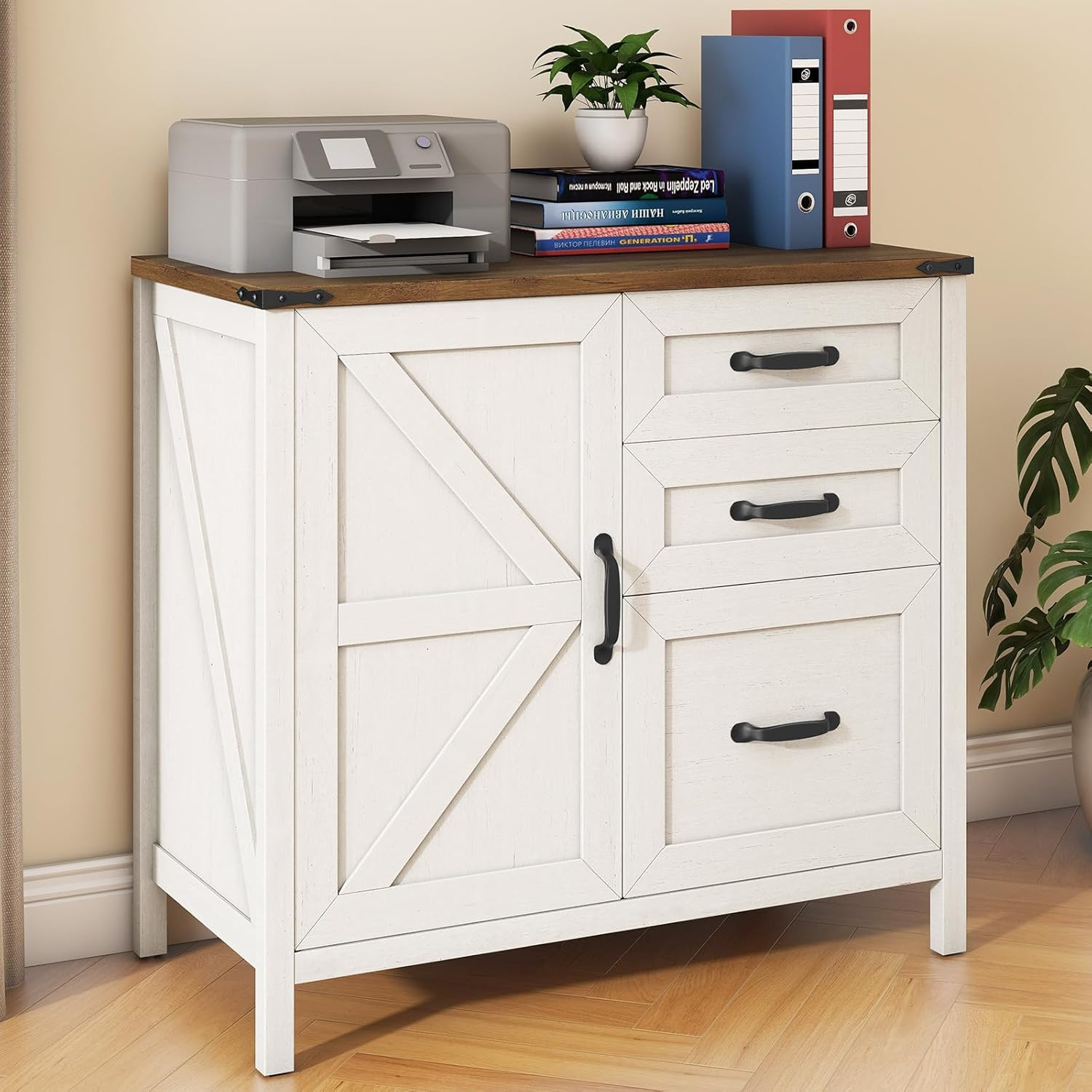 Filing Cabinet Two Drawer File Cabinets for Home Office, Lateral Farmhouse Wooden Storage Furniture for A4 Suspension Files, Rustic White