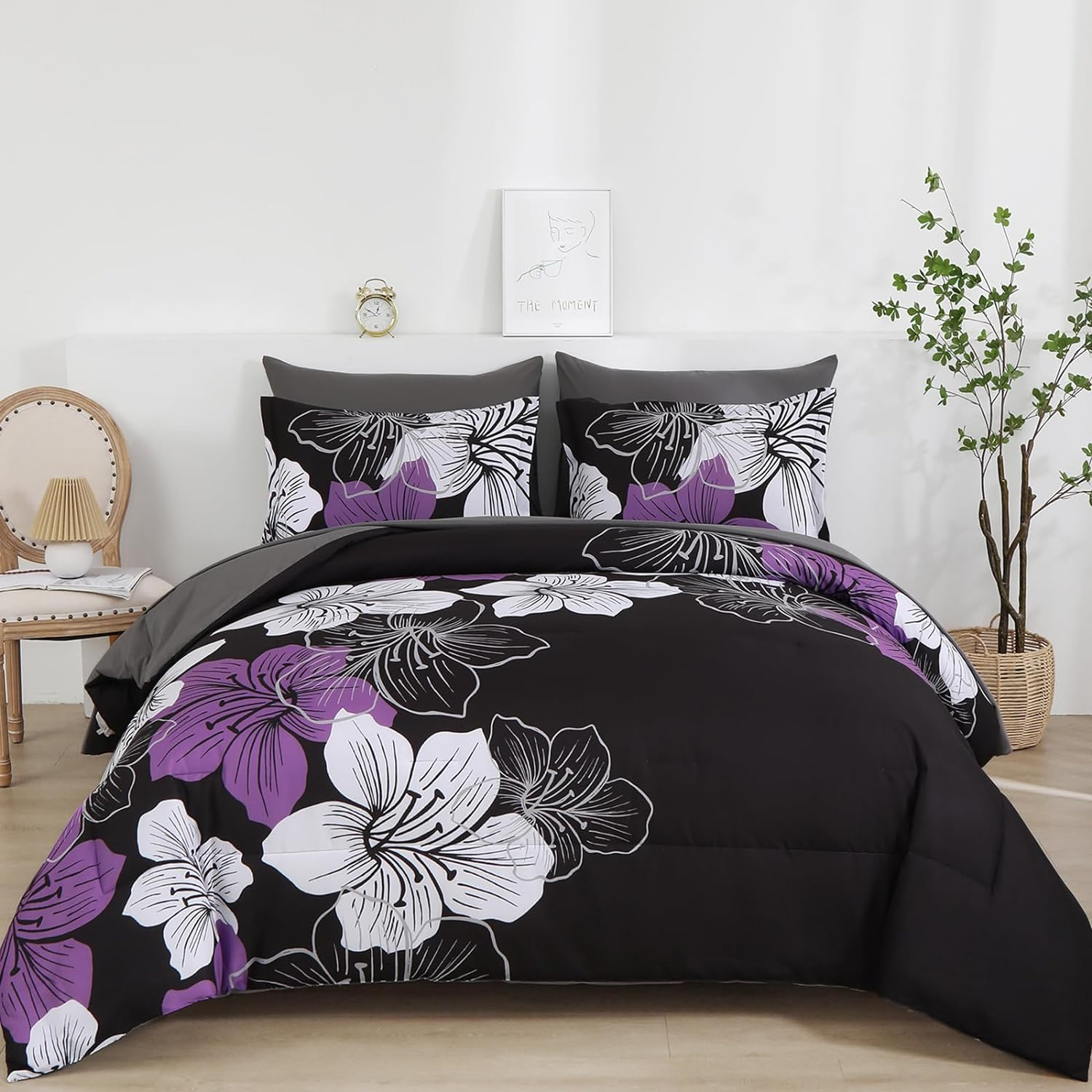 Floral Comforter Set King Size, 7 Pieces Bed in a Bag Purple Floral Comforter and Sheet Set, Soft Microfiber Complete Bedding Sets for All Seasons