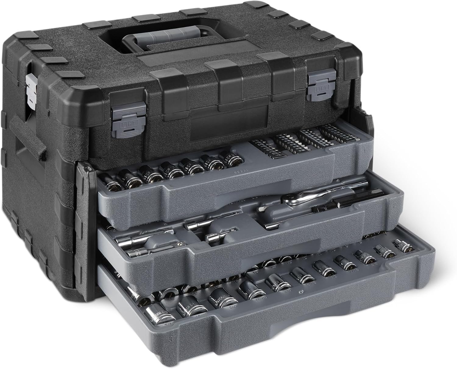 Amazon Basics 287-Piece Mechanic Socket Set with Quick-Release Ratchets, Wrenches, Bits, 1/4" 3/8" 1/2", Metric and SAE, 3-Drawer Case, for Auto and Machine Repairs