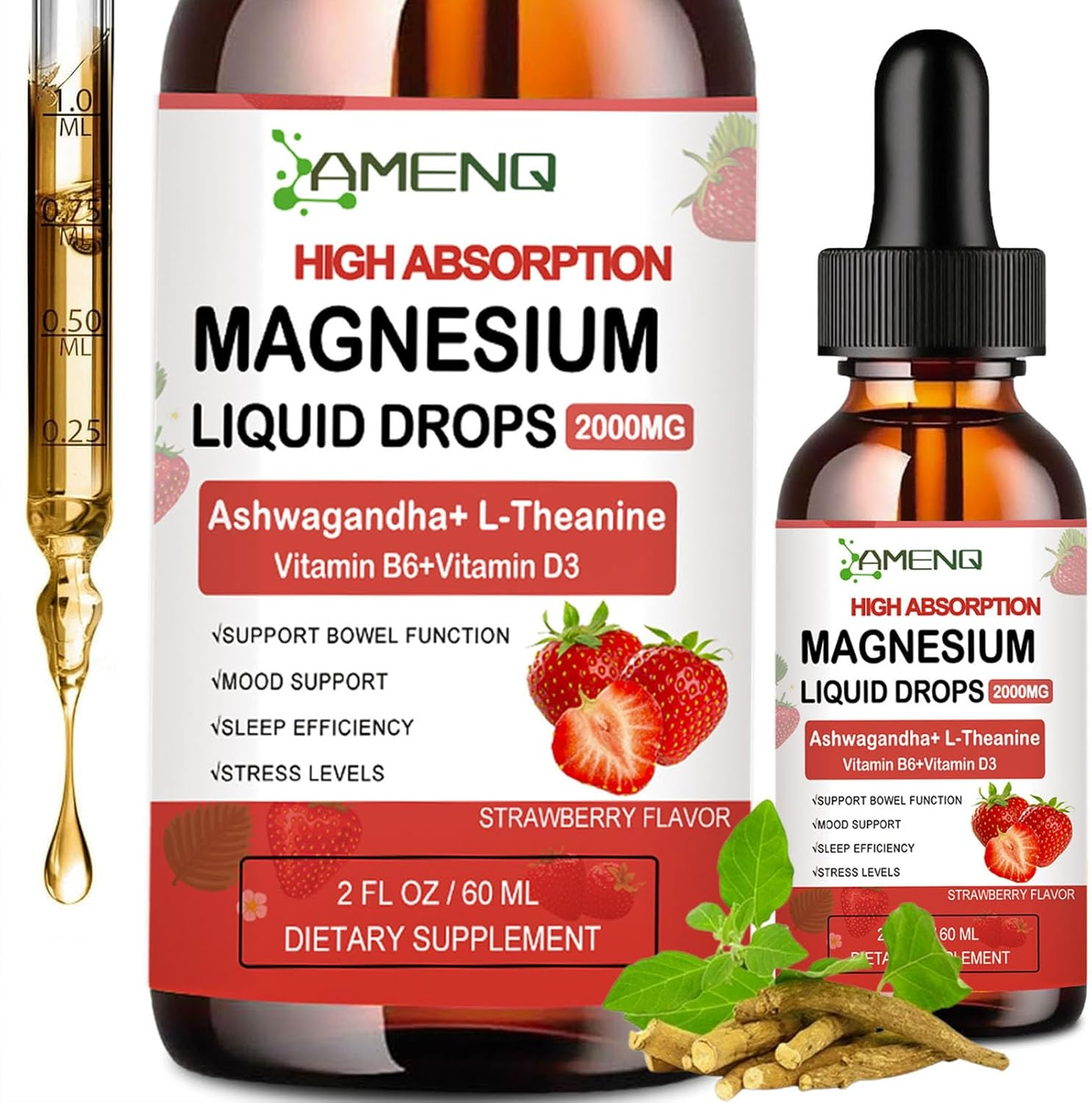 Cortisol Supplement Liquid Drops, Cortisol Reducer W. Magnesium Glycinate, Ksm-66 Ashwagandha, L-Theanine, Liquid Magnesium Cortisol Drink Mix for Cortisol & Hormone Balanced, Relax, Calm, Strawberry
