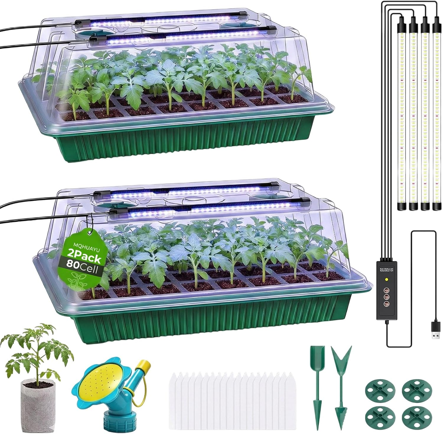 Seed Starter Tray with Grow Light, 2 Pack 80-Cell Seedling Starter Kit with Smart Timer & Humidity Dome, Indoor Plant Germination Kit with 100Pcs Nursery Bags & 2-In-1 Sprinkler for Seed Starting