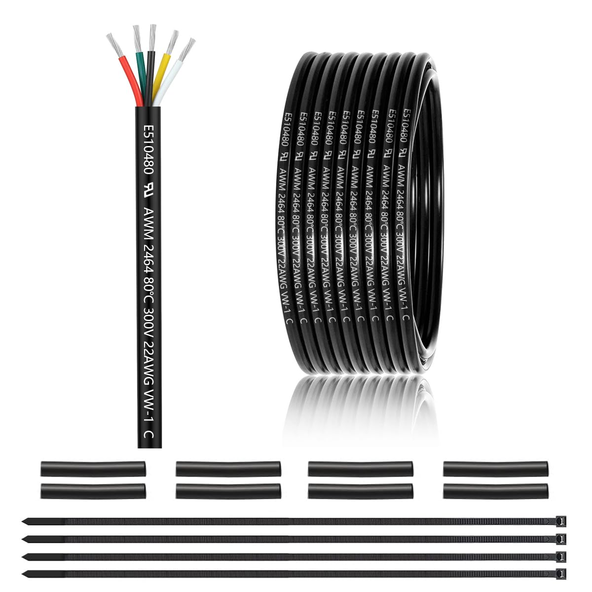 22 Gauge 5 Conductor Electrical Wire 25FT, UL 2464 22 AWG 5 Wire Cable Tinned Copper PVC Stranded 22/5 Core Wire for LED Lighting, Outdoor Low Voltage Extension Cable, Automotive Etc.
