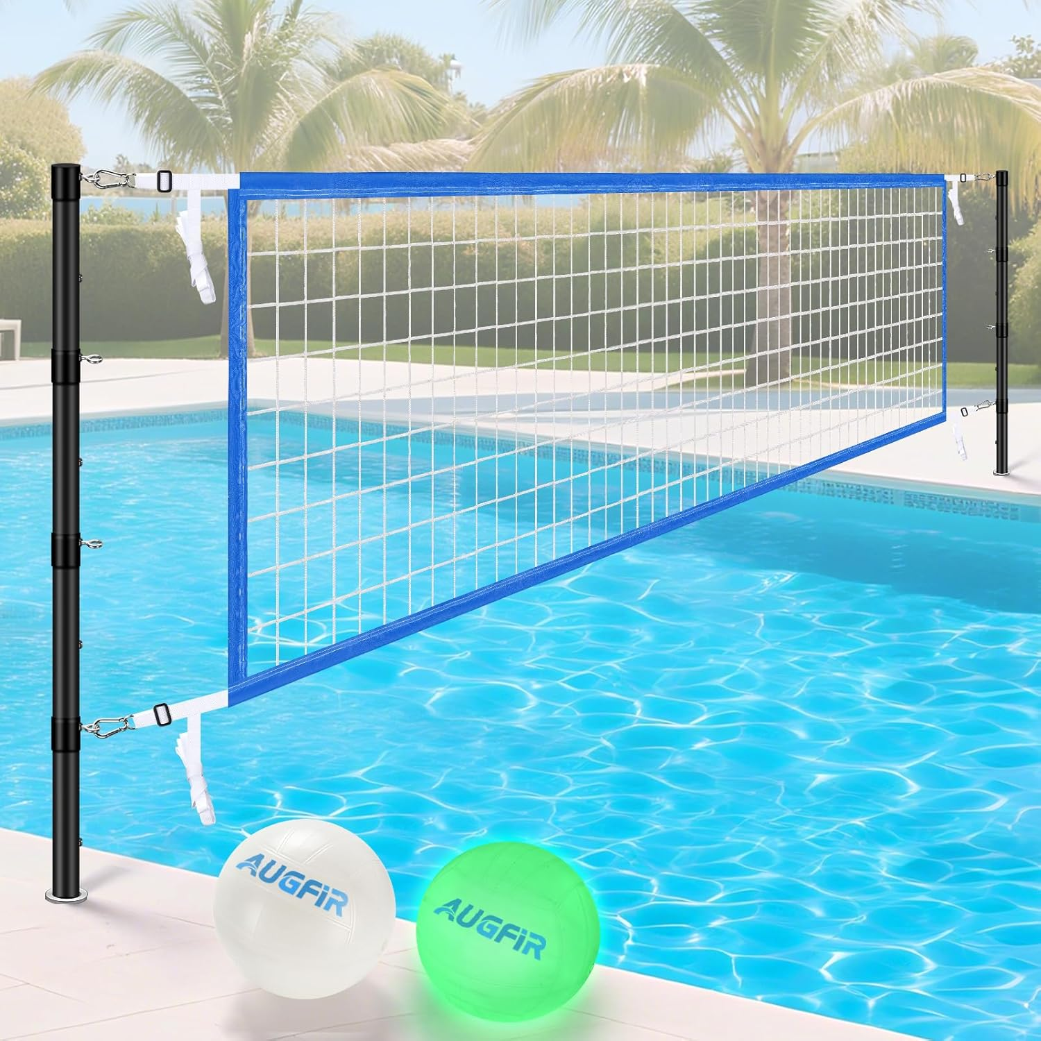 Inground Pool Volleyball Net Set, Adjustable Length & Height Pool Volleyball Net, Compatible with 3 Universal Ground-Mounted Bases, Includes 2 Glow-In-The-Dark Inflatable Pool Volleyballs