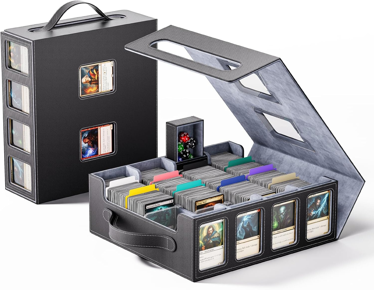 Trading Card Storage Box – 3500+ Magnetic MTG Deck Box with Handle,Commander & Toploader Display, Dice Box,4 Dividers & 30 Color Labels – Fits for Tcg,Mtg,Yu-Gi-Oh and Sport Cards