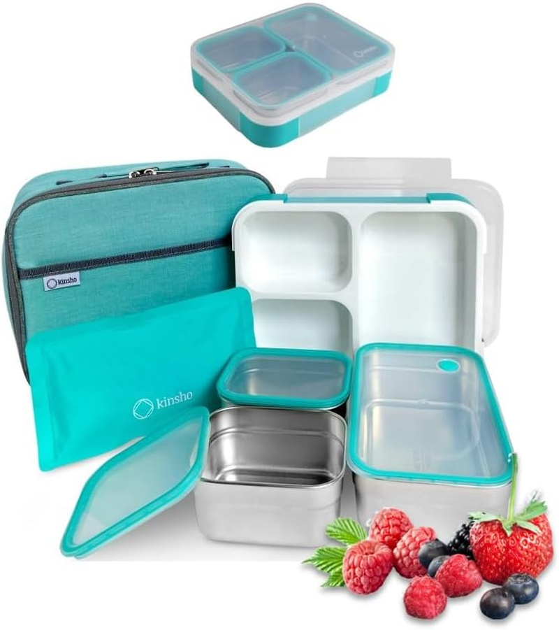Stainless Steel Bento Lunch Box Set for Adults, Kids - Insulated Bag and Ice Pack - Leak-Proof Metal Compartment Meal Prep Food & Snack Containers for Work Travel School Daycare, 42 Oz Teal Blue