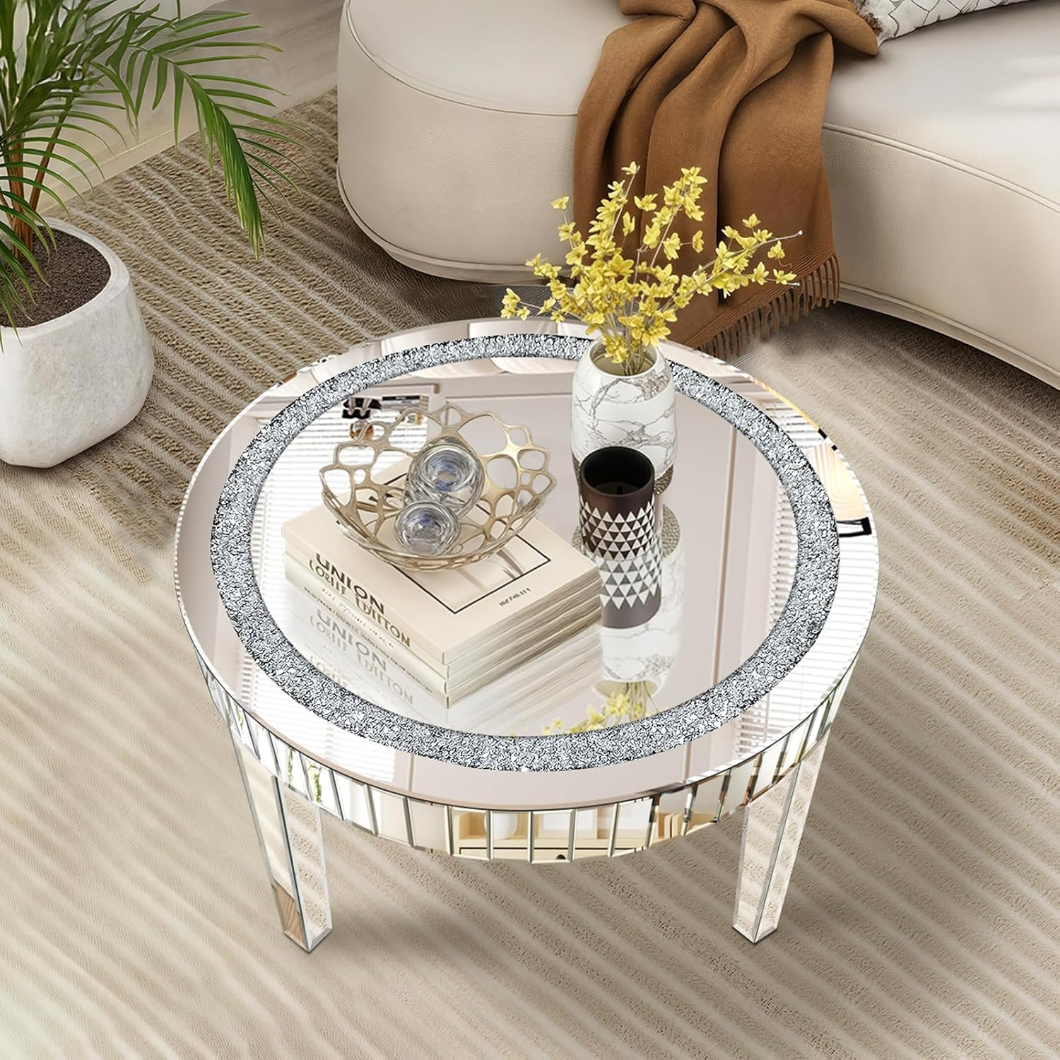 Silver Mirrored Coffee Table with Crystal Inlay, round Glass Tea Table with Mirrored Finish, Modern Center Table for Living Room and Office (23.6