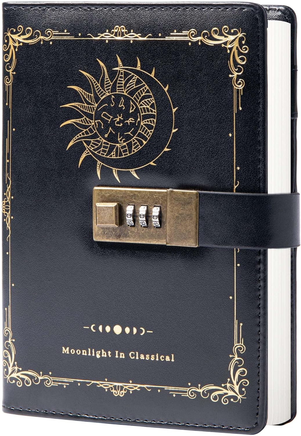 TIEFOSSI Constellation Leather Journal with Lock, Zodiac Moon Sun Diary for Writing, B6 Notebook with Lined Paper for Women & Men (Black)