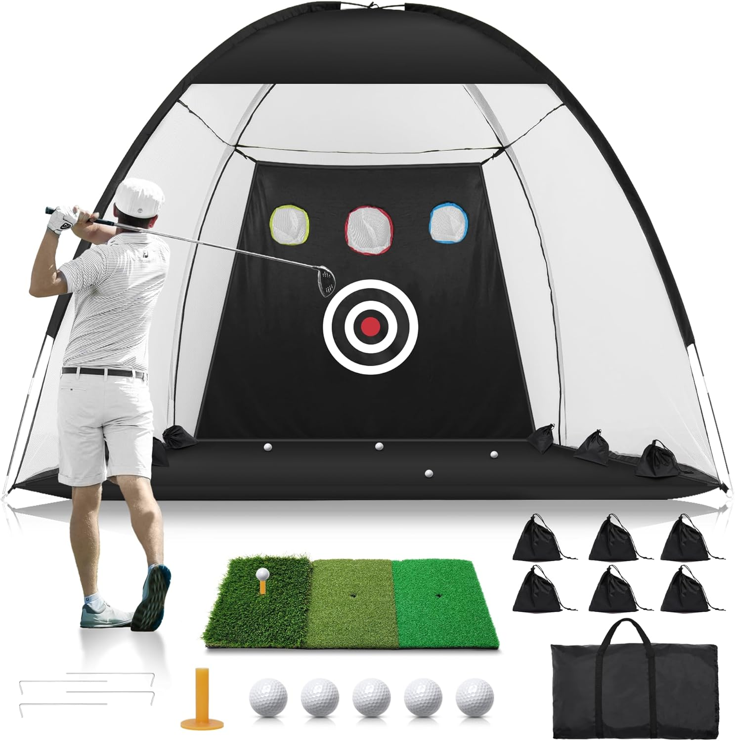 Golf Net: 10X7Ft Golf Practice Net for Backyard Driving, Hitting Net with Tri-Turf Mat, Indoor Training Chipping Aid Nets with Reduce Noise Nylon Target, Gifts for Men/Dad/Him