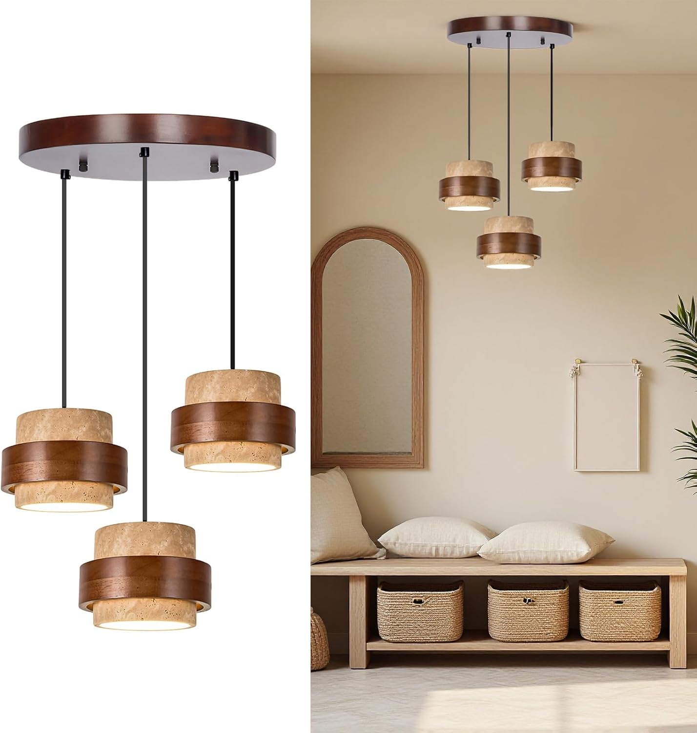 Wabi Sabi Pendant Light - 3-Head Natural Wood & Stone Fixture for Japandi Decor