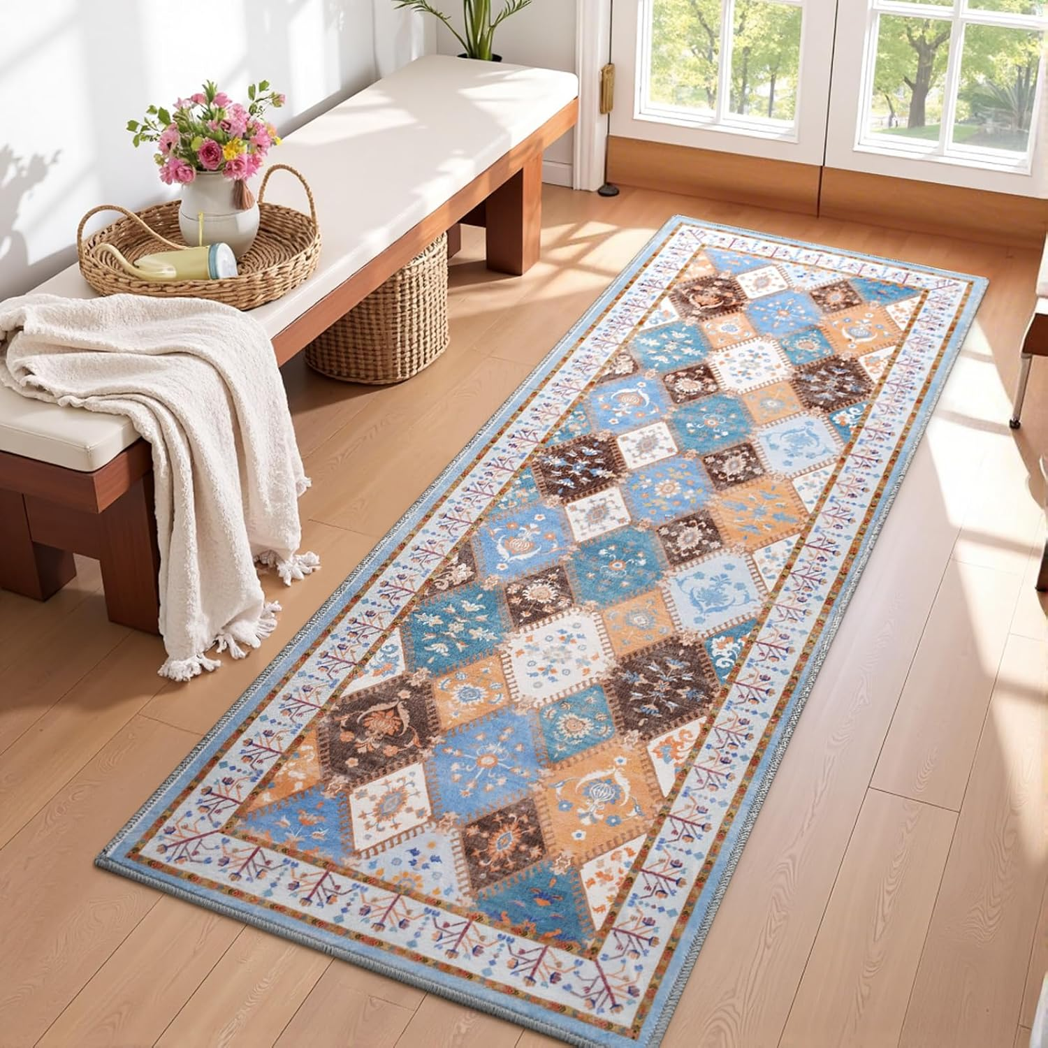 Blue Washable Kitchen Runner Rug, 2x6 Boho Non-Slip Bedroom Rugs, Moroccan Fl...