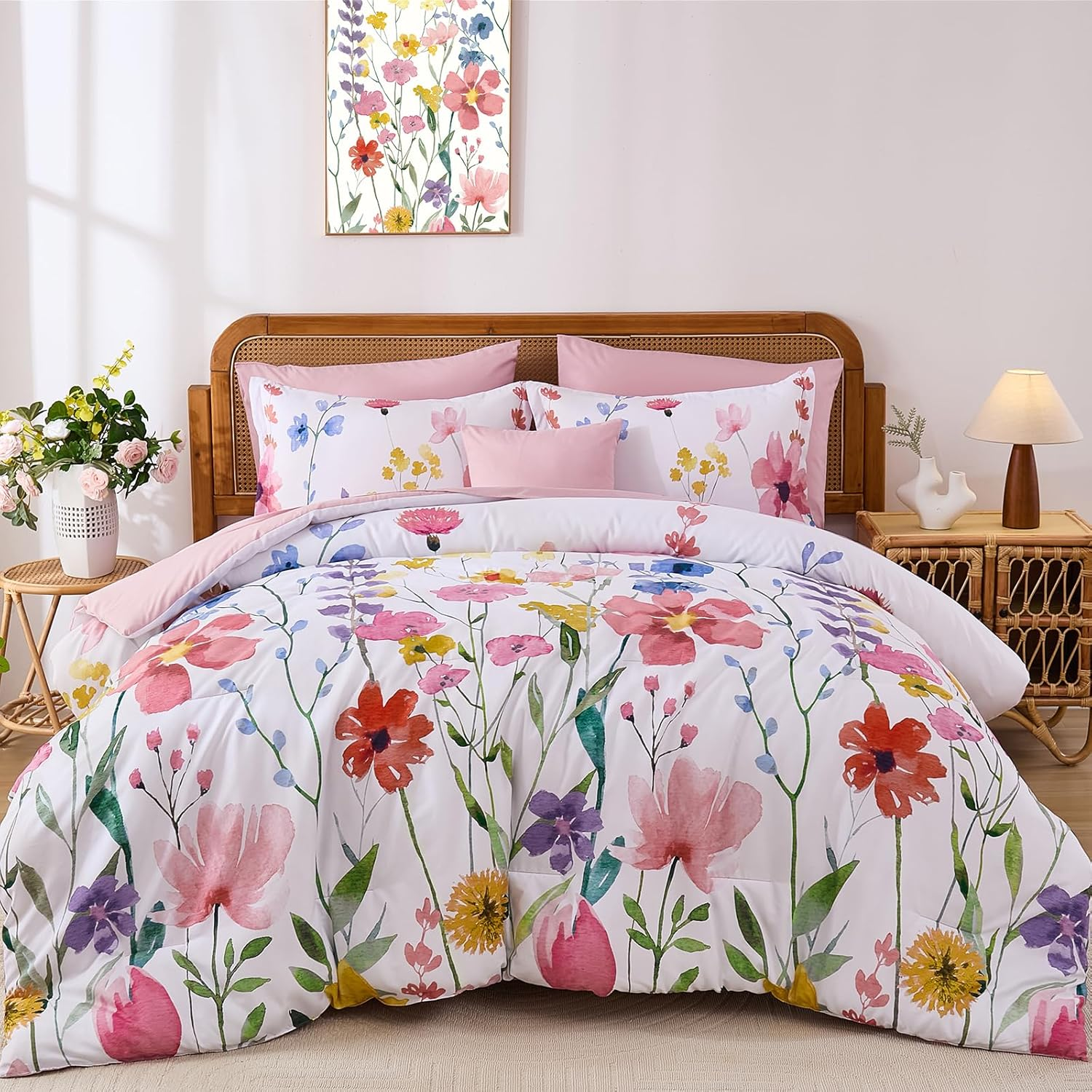 Annibedding Pink Floral Queen Comforter Set, 8 Piece Soft Microfiber Flower Bed in a Bag Bedding Set with Pillowcase and Sheets for All Season (90