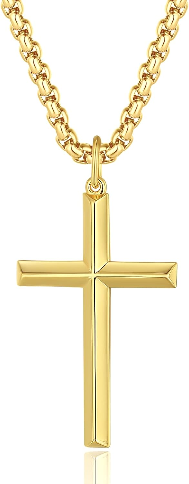 Gold Plated 925 Sterling Silver Yellow Beveled Edge Cross Necklace for Men Women