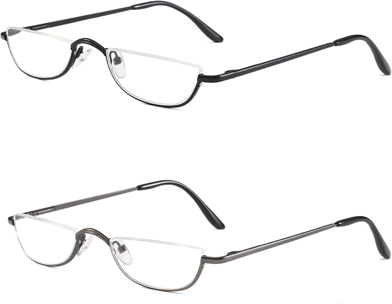 Half Reading Glasses - 2 Pairs Half Rim Metal Frame Glasses Spring Hinge Readers for Men and Women, Black+Gunmetal 1.25