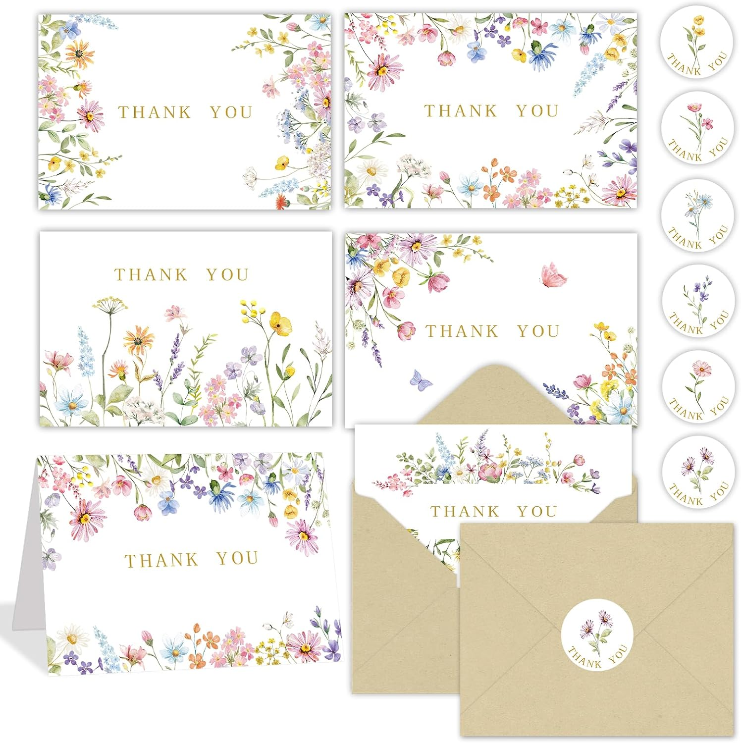 Tarjetas de agradecimiento diseno floral y sobres de papel kraft con pegatinas