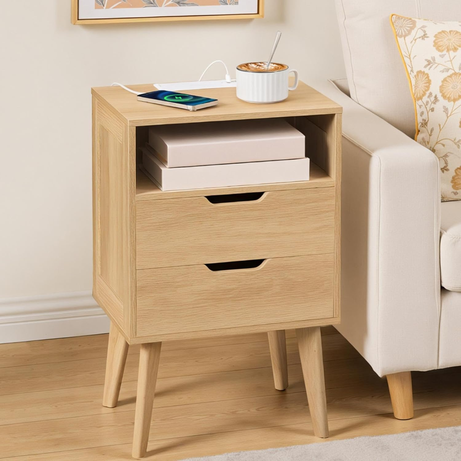 Natural Nightstand with Charging Station, Modern Bedside Table with 2 Storage Drawers, Open Storage, Night Stand with Solid Wood Legs, for Bedroom, End Side Table for Small Spaces, ETNA69E01