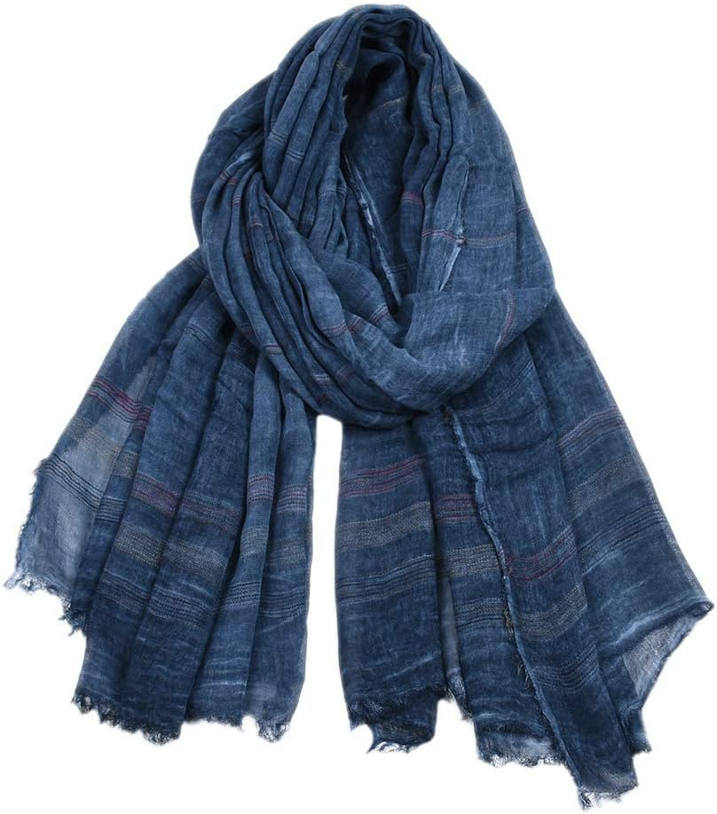 Unisex Striped Soft Scarf Cotton Linen Lightweight Large Scarves 75 x 35 inches